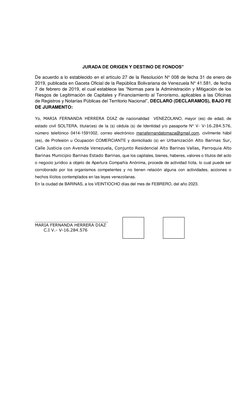 JURADA DE ORIGEN Y DESTINO DE FONDOS” 
 
De acuerdo a lo establecido en el artículo 27 de la Resolución N° 008 de fecha 31 de