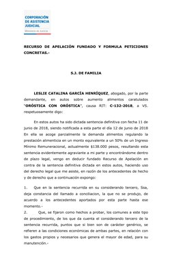RECURSO  DE  APELACIÓN  FUNDADO  Y  FORMULA  PETICIONES
CONCRETAS.-
S.J. DE FAMILIA
LESLIE CATALINA GARCÍA HENRÍQUEZ, abogado
