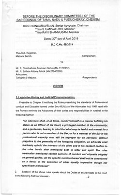 BEFO
E THE DISC IPLINARY COMMITTEE-I OF THE
BAR COUNCIL OF TAMIL NADU & PUDUCHERRY. CHEN NAI
Thiru R.SINGARAVELAN, Senior Adv