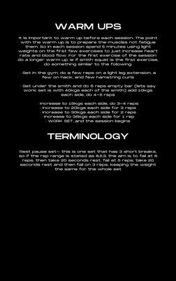 TERMINOLOGY
Rest pause set– this is one set that has 3 short breaks,
so if the rep range is stated as 8,5,3, the aim is to fa