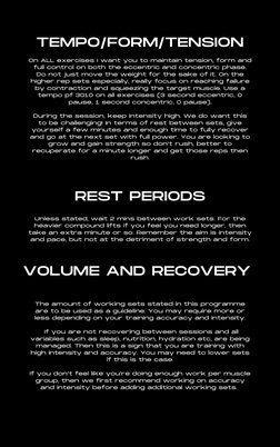 REST PERIODS
TEMPO/FORM/TENSION
VOLUME AND RECOVERY 
  
On ALL exercises I want you to maintain tension, form and
full contro