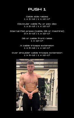 PUSH 1

Cable side raises
1 x 6-12 / 1 x 12-17

Clavicular cable fly or pec dec
1 x 6-12 / 1 x 12-17

Sternal Flat press (cab