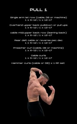 PULL 1

Single arm lat row (cable, DB or machine)
1 x 6-12 / 1 x 12-17

Overhand upper back pulldown or pull ups
1 x 6-12 / 1
