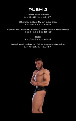 PUSH 2
Cable side raises
1 x 6-12 / 1 x 12-17 

Sternal cable fly or pec dec
1 x 6-12 / 1 x 12-17

Clavicular Incline press (