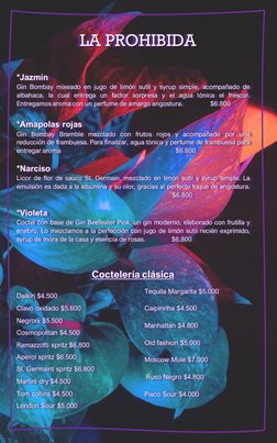 LA PROHIBIDA
*Jazmín
Gin Bombay mixeado en jugo de limón sutil y syrup simple, acompañado de
albahaca, la cual entrega un fac