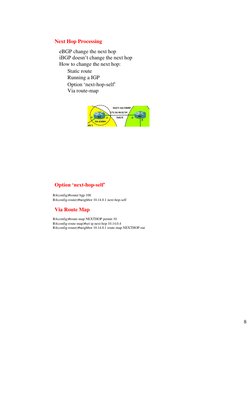 Next Hop Processing 
eBGP change the next hop 
iBGP doesn’t change the next hop 
How to change the next hop: 
Static rout