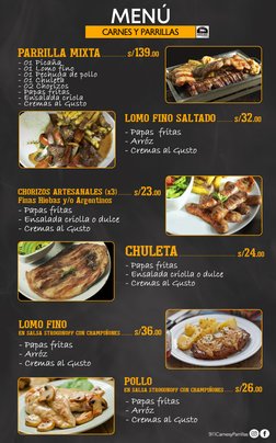 PARRILLA MIXTA
s/139.00
CHULETA
s/24.00
LOMO FINO SALTADO
s/32.00
CHORIZOS ARTESANALES (x3)
Finas Hiebas y/o Argentinos
s/23.