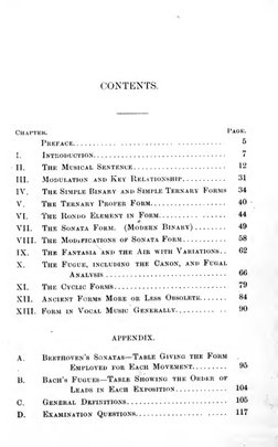 CONTENTS.
Chaftkk.
Page.
Preface
^
I.
Intuoduction
7
II.
Thk Musical Sentence
12
III.
Modulation
and Key Relationship
31
IV.