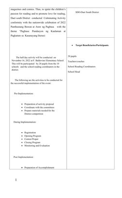 magazines and comics. Thus, to ignite the children’s
passion for reading and to promote love for reading,
Daet south District