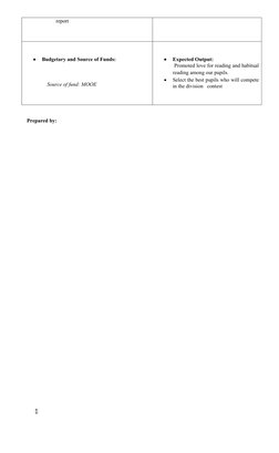 report 

Budgetary and Source of Funds:
                 Source of fund: MOOE

Expected Output:
 Promoted love for read