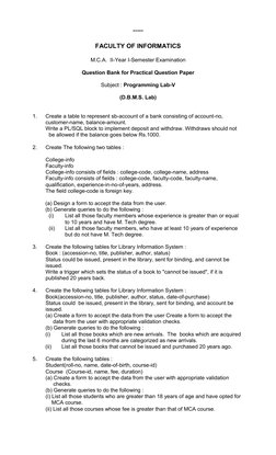 *****
FACULTY OF INFORMATICS
M.C.A.  II-Year I-Semester Examination
Question Bank for Practical Question Paper
Subject : Prog