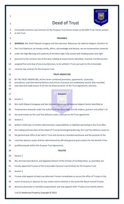 1 of 12 Intellectual Property Copyright © 2013 
 
 
1 
Deed of Trust 
2 
Irrevocable Common Law Contract for the Purpose Tr