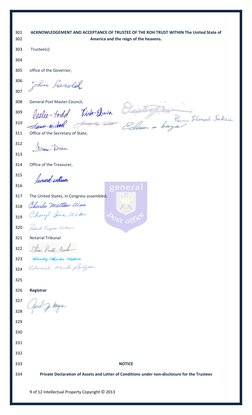 9 of 12 Intellectual Property Copyright © 2013 
 
ACKNOWLEDGEMENT AND ACCEPTANCE OF TRUSTEE OF THE ROH TRUST WITHIN The Uni