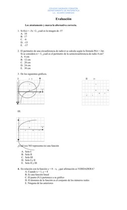 COLEGIO SAGRADO CORAZÓN
DEPARTAMENTO DE MATEMATICA
Lic.  ALVARO VANEGAS
Evaluación
Lee atentamente y marca la alternativa cor