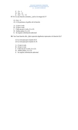 COLEGIO SAGRADO CORAZÓN
DEPARTAMENTO DE MATEMATICA
Lic.  ALVARO VANEGAS
C. -3x – 1
D. 10x – 12
E. 10x2 + 7x – 12
17. Si f es