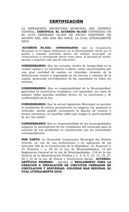 CERTIFICACIÓN  
 
LA INFRASCRITA SECRETARIA MUNICIPAL DEL DISTRITO 
CENTRAL, CERTIFICA: EL ACUERDO No.023 CONTENIDO EN 
EL AC