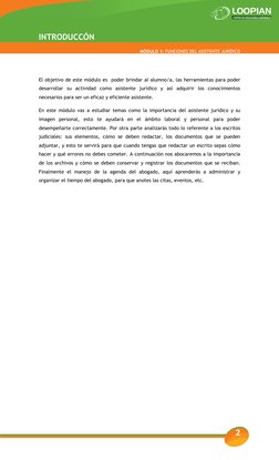 MODULO 1: Funciones de Asistente Jurídico 
 
2 
 
INTRODUCCÓN 
MÓDULO 1: FUNCIONES DEL ASISTENTE JURÍDICO 
 
El objetivo de e