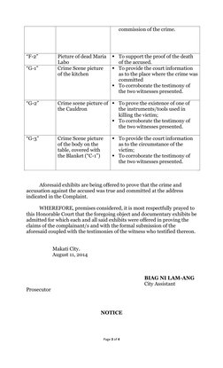 Page 3 of 4 
 
commission of the crime. 
“F-2”  
Picture of dead Maria 
Labo  
 To support the proof of the death 
of the