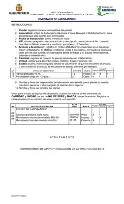 DIRECCIÓN ACADÉMICA
DEPARTAMENTO DE APOYO Y EVALUACIÓN DE LA PRÁCTICA DOCENTE
INVENTARIO DE LABORATORIO               
INSTRU