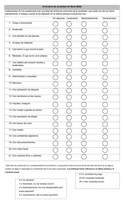 Inventario de ansiedad de Beck (BAI) 
Indicaciones: En el cuestionario hay una lista de síntomas comunes de la ansiedad. Lea