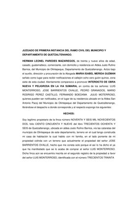 JUZGADO DE PRIMERA INSTANCIA DEL RAMO CIVIL DEL MUNICIPIO Y 
DEPARTAMENTO DE QUETZALTENANGO. 
HERMAN LEONEL PAREDES MAZARIEGO