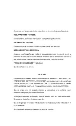 Apoderado, con los apercibimientos respectivos en el momento procesal oportuno. 
DECLARACION DE TESTIGOS:  
Cuyos nombres, ap