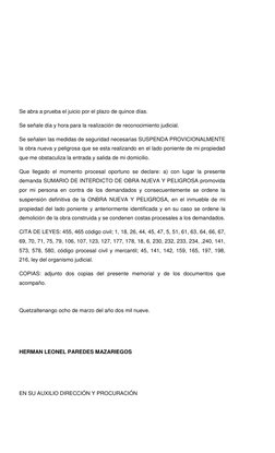Se abra a prueba el juicio por el plazo de quince días. 
Se señale día y hora para la realización de reconocimiento judicial.