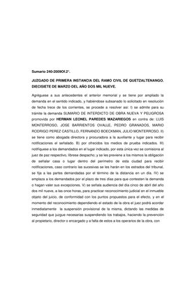 Sumario 240-2009Of.2°.  
JUZGADO DE PRIMERA INSTANCIA DEL RAMO CIVIL DE QUETZALTENANGO. 
DIECISIETE DE MARZO DEL AÑO DOS MIL