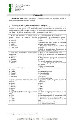 Colegio San Isaac Jogues
R.B.D. 24769-3
Lo Cruzat 164
Fono: 6035558
Quilicura
EVALUACION
I.- SELECCIÓN MÚLTIPLE: Lee detenida