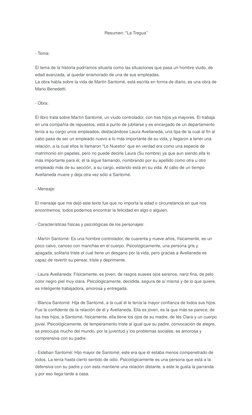 Resumen: "La Tregua”
- Tema: 
El tema de la historia podríamos situarla como las situaciones que pasa un hombre viudo, de 
ed