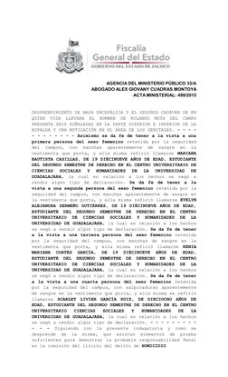 AGENCIA DEL MINISTERIO PÚBLICO 33/A
ABOGADO ALEX GIOVANY CUADRAS MONTOYA
ACTA MINISTERIAL: 499/2015
DESPRENDIMIENTO DE MASA E