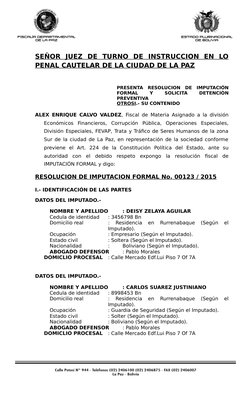 SEÑOR  JUEZ  DE  TURNO  DE  INSTRUCCION  EN  LO
PENAL CAUTELAR DE LA CIUDAD DE LA PAZ
PRESENTA  RESOLUCION  DE  IMPUTACIÓN
FO