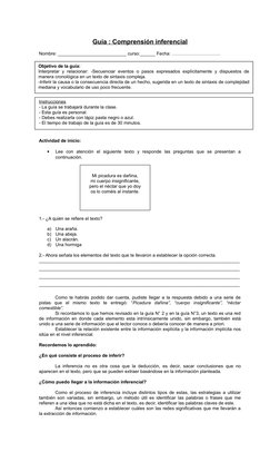 Guía : Comprensión inferencial
Nombre: ___________________________ curso:______ Fecha: …………………………..
Instrucciones
- La guía s