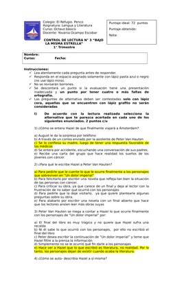Colegio: El Refugio. Penco
Asignatura: Lengua y Literatura
Curso: Octavo básico
Docente: Yovania Ocampo Escobar
CONTROL DE LE