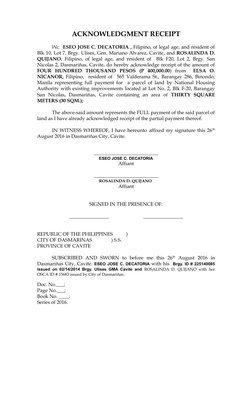 ACKNOWLEDGMENT RECEIPT
We,  ESEO JOSE C. DECATORIA , Filipino, of legal age, and resident of
Blk 10, Lot 7, Brgy. Ulises, Gen