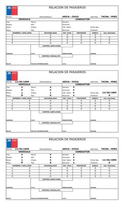 RELACION DE PASAJEROS
FECHA :
PROCEDENCIA :
ARICA - CHILE
DESTINO : TACNA - PERÚ
VEHÍCULO
CONDUCTOR
Tipo
Marca
Nombre
Modelo