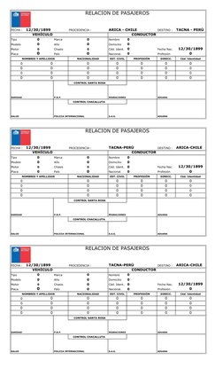 RELACION DE PASAJEROS
FECHA :
12/30/1899
PROCEDENCIA :
ARICA - CHILE
DESTINO : TACNA - PERÚ
VEHÍCULO
CONDUCTOR
Tipo
0
Marca
0