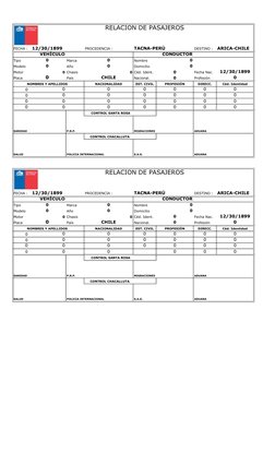 RELACION DE PASAJEROS
FECHA :
12/30/1899
PROCEDENCIA :
TACNA-PERÚ
DESTINO : ARICA-CHILE
VEHÍCULO
CONDUCTOR
Tipo
0
Marca
0
Nom