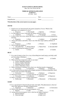 Science 7 Third Quarter Exam 2018-2019 | PDF | Electromagnetic ...