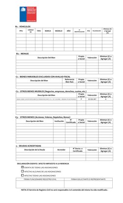 B1.-  VEHICULOS 
PPU 
CÓDIGO 
SII 
TIPO 
MARCA 
MODELO 
AÑO 
N° 
IDENTIFICACION 
P/S 
VALORACION 
Eliminar (E) 
o Agregar