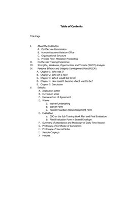 Table of Contents 
 
Title Page 
 
I. 
About the Institution 
A. Civil Service Commission 
B. Human Resource Relation Off