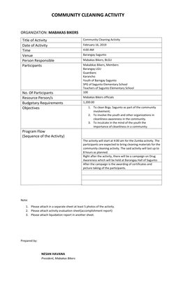 COMMUNITY CLEANING ACTIVITY 
 
ORGANIZATION: MABAKAS BIKERS 
Title of Activity 
Community Cleaning Activity 
Date of Activity