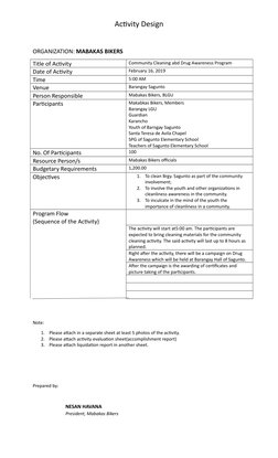 Activity Design
ORGANIZATION: MABAKAS BIKERS
Title of Activity
Community Cleaning abd Drug Awareness Program
Date of Activity