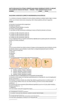 INSTITUCIÓN EDUCATIVA TÉCNICA AGROPECUARIA ISMAEL RODRÍGUEZ FUENTES. EL MOLINO 
EVALUACIÓN DE CIENCIAS NATURALES.  I  PERIODO