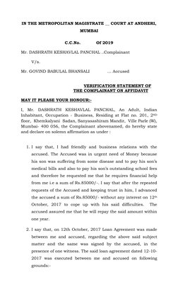 IN THE METROPOLITAN MAGISTRATE __ COURT AT ANDHERI, 
MUMBAI 
 
C.C.No. 
 
Of 2019 
 
Mr. DASHRATH KESHAVLAL PANCHAL ..Complai