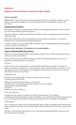 MODULE 1 
PERSONAL DEVELOPMENT AND HUMAN RELATIONS 
 
What is personality? 
PERSONALITY is the development of the organized