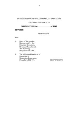 IN THE HIGH COURT OF KARNATAKA, AT BANGALORE
(ORIGINAL JURISDICTION)
WRIT PETITION No.                        of 2017
BETWEEN