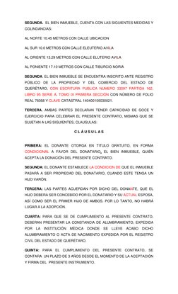 SEGUNDA.  EL BIEN INMUEBLE, CUENTA CON LAS SIGUIENTES MEDIDAS Y 
COLINDANCIAS: 
AL NORTE 10.45 METROS CON CALLE UBICACION  
A
