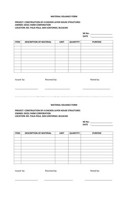MATERIAL ISSUANCE FORM 
 
PROJECT: CONSTRUCTION OF 4 CHICKEN LAYER HOUSE STRUCTURES 
OWNER: EXCEL FARM CORPORATION 
LOCATION:
