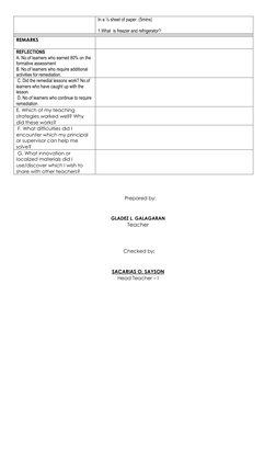 In a ½ sheet of paper. (5mins) 
 
1.What  is freezer and refrigerator? 
 
REMARKS 
 
 
REFLECTIONS 
A. No.of learners who e